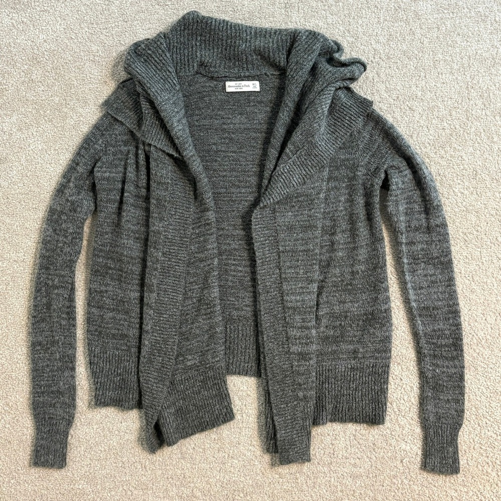 Abercrombie &‎ Fitch Gray Hooded Cardigan Open Front Knit Wool Blend Sweater M/L